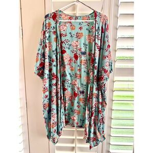 Nostalgia Floral Kimono Cardigan‎ XL Mint Green Boho Rayon Open Front Wrap Cover